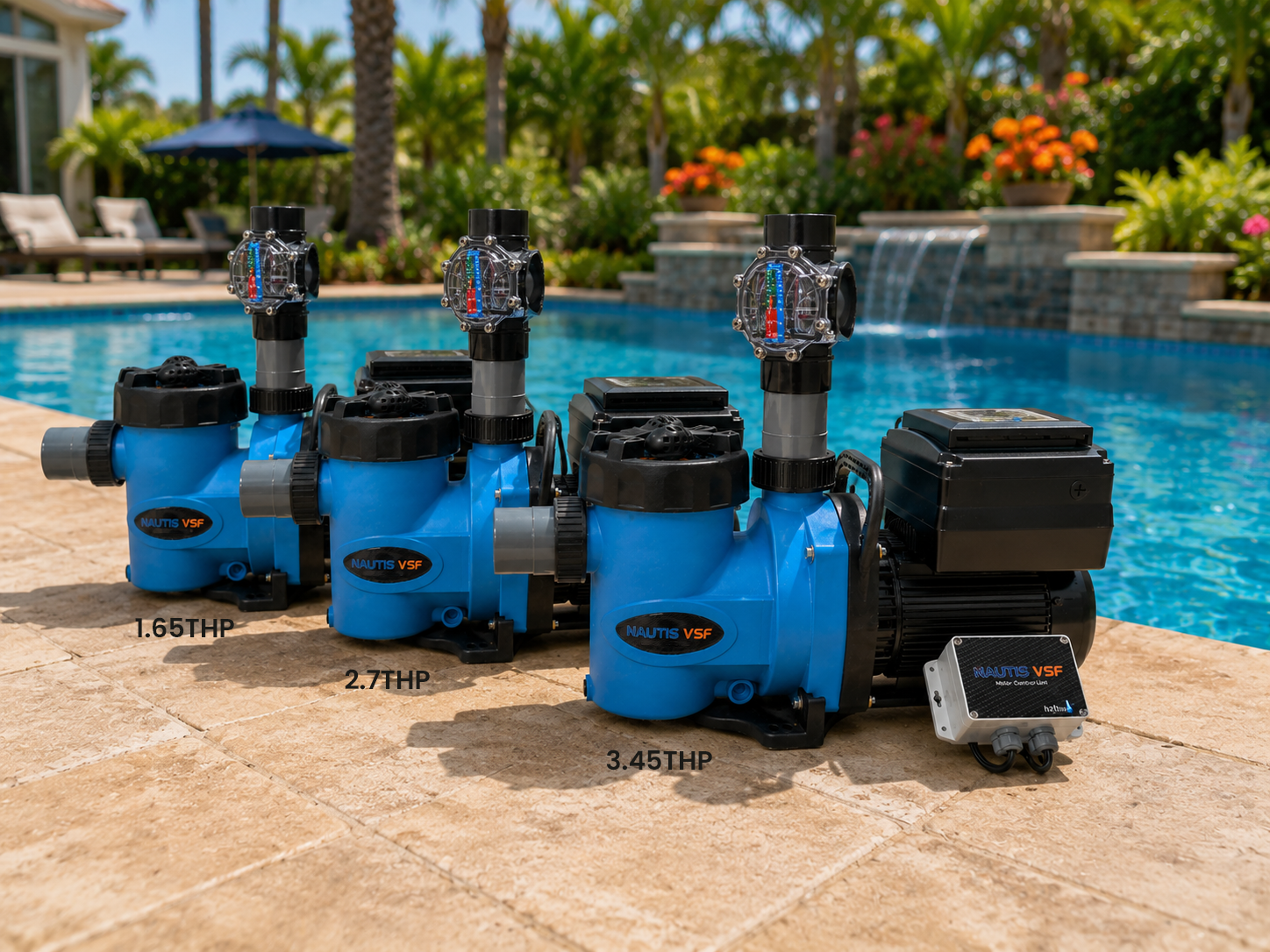 Nautis VSF pumps for 1.65THP, 2.7 THP & 3.45THP. Next to a beautiful residential swimming pool.