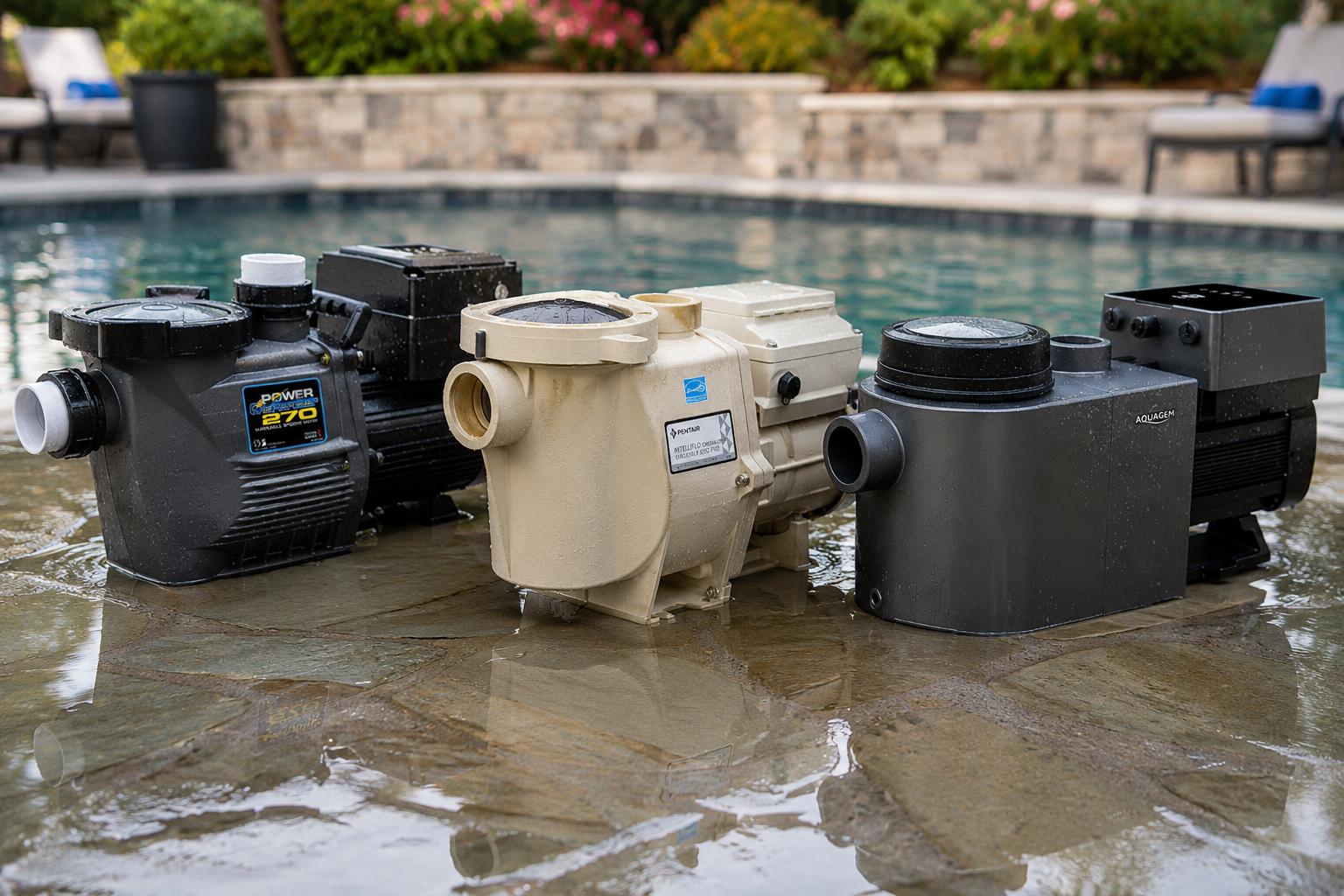 swimming pool pumps. Pentair IntelliFlo, Waterway Power Defender, Aquagem InverPro.